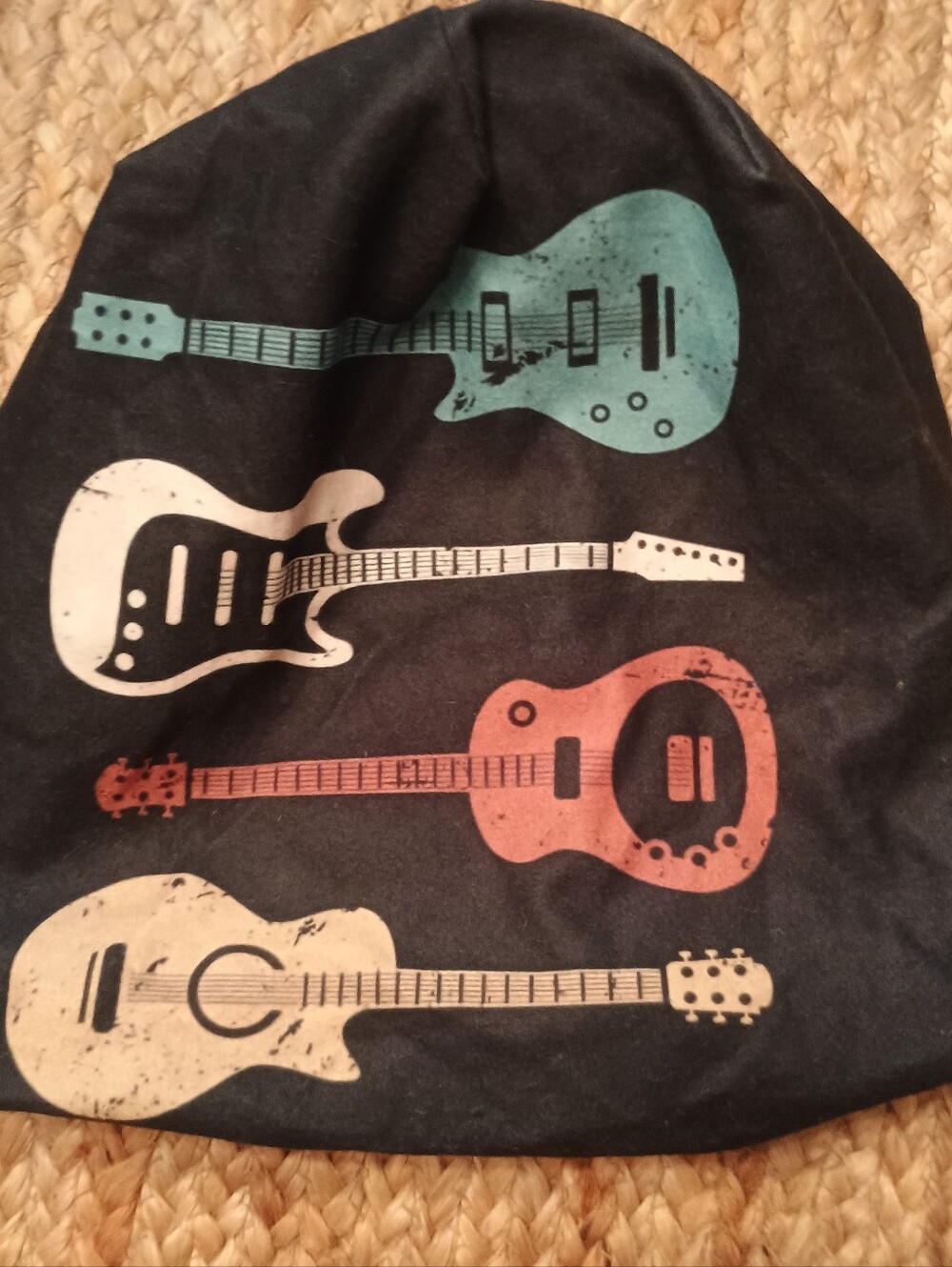 Black Graphic Guitar Beanie - Multicolor Guitars Reversible Very Soft